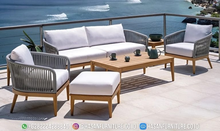 Sofa 2 dudukan Avalon dari kayu jati solid dengan aksen anyaman tali mewah dan bantal tahan air
