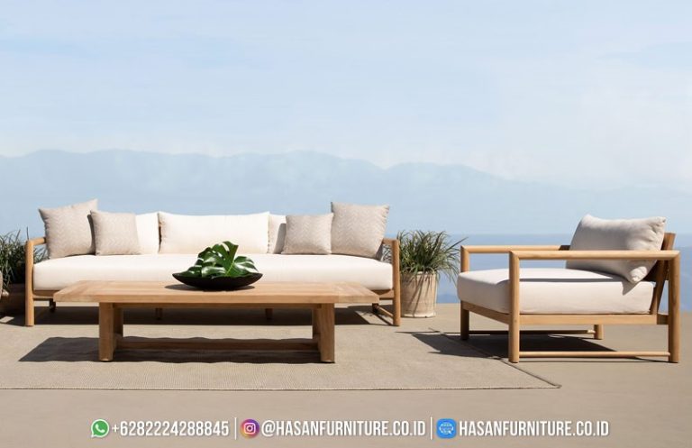 Breeze sofa 3 dudukan dari kayu jati solid untuk outdoor dengan desain modern minimalis dan bantal empuk