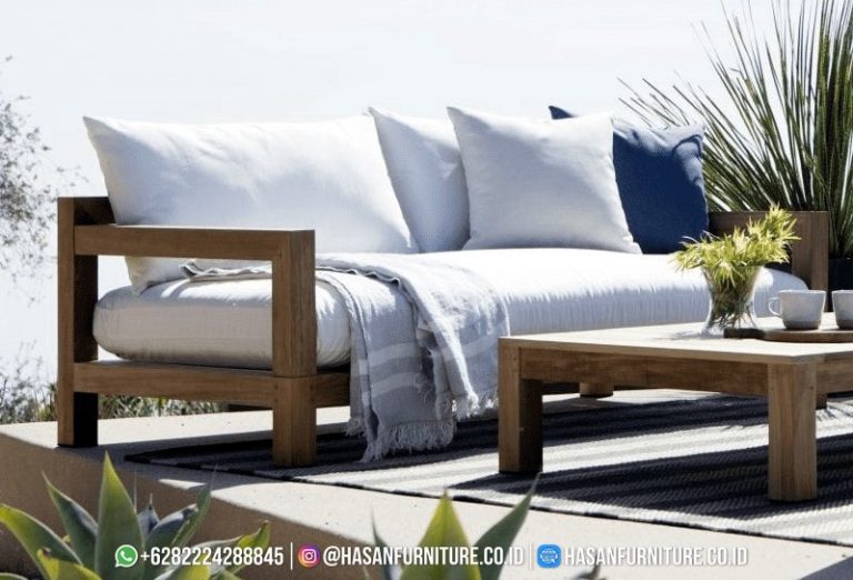 Sofa outdoor 2 dudukan Pacific dari kayu jati Grade A dengan gaya rustic California untuk teras mewah