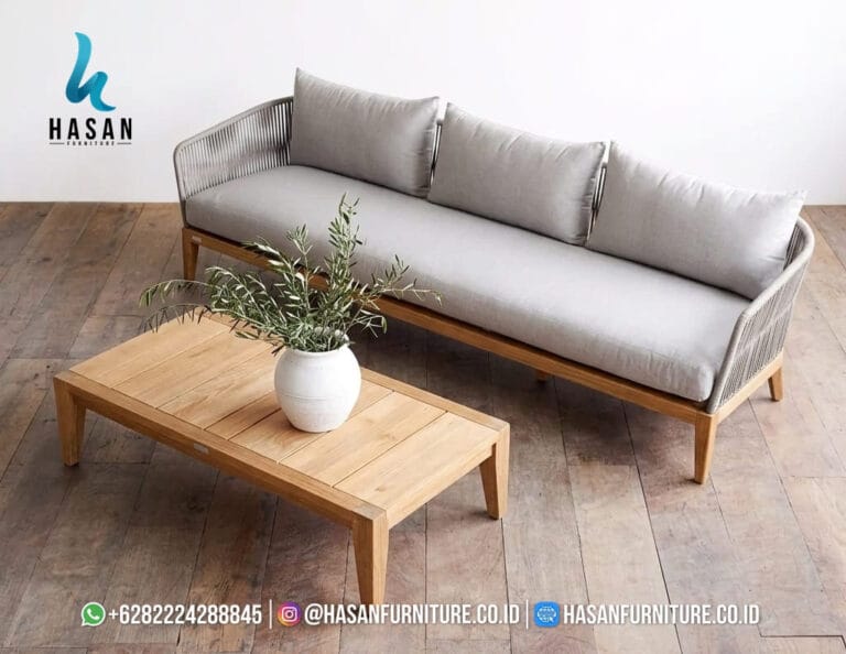 Avalon sofa 3 dudukan kayu jati outdoor dengan detail anyaman tali mewah dan bantal empuk