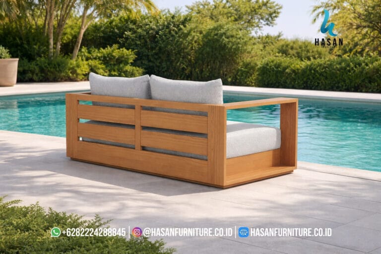 Hayman sofa lounge 2 dudukan dari kayu jati solid dengan desain modern tropis dan bantal empuk untuk outdoor