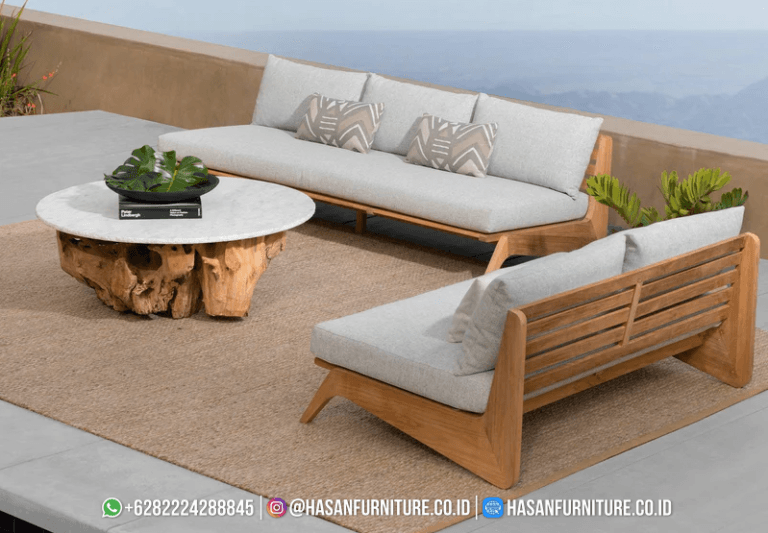 Sofa 2 dudukan tanpa lengan (armless) seri EASY dari kayu jati solid untuk taman dan teras minimalis