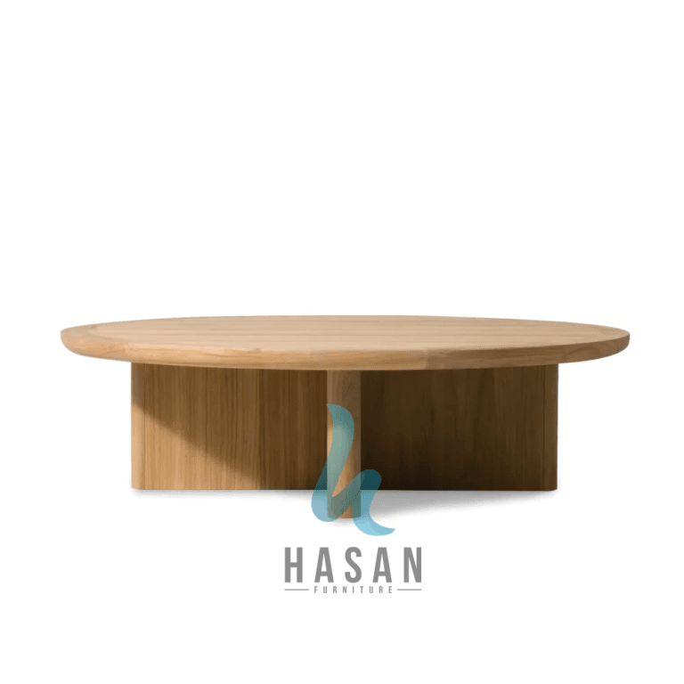Coffee table jati bundar Victoria tampak depan, desain minimalis untuk outdoor