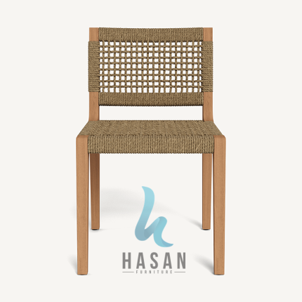 Armless dining chair jati tampak depan dengan anyaman rope
