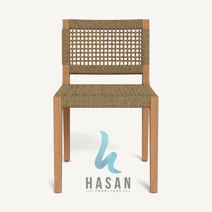 Armless dining chair jati tampak depan dengan anyaman rope