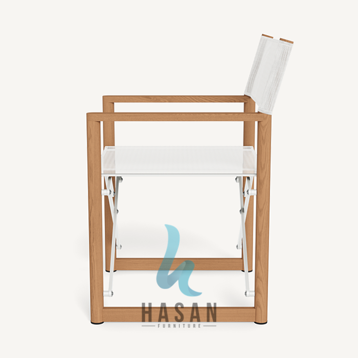 Kursi makan outdoor jati tampak dari samping kanan dengan detail rangka lipat