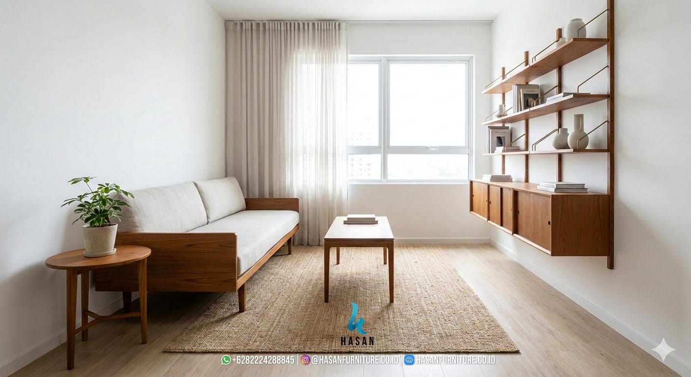 Ruang tamu minimalis dengan sofa jati kaki ramping, meja kopi kayu, dan rak dinding kayu jati yang memberikan kesan luas pada ruangan kecil.