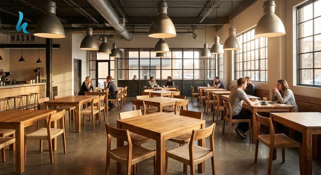 Interior cafe minimalis modern menggunakan set meja makan dan kursi kayu jati solid produksi Hasan Furniture Jepara.