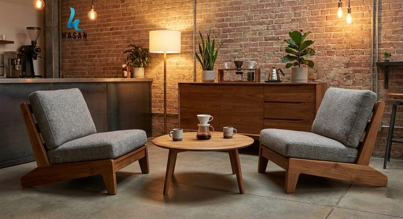 Sudut santai cafe dengan lounge chair kayu jati, meja kopi bulat, dan sideboard minimalis fungsional.