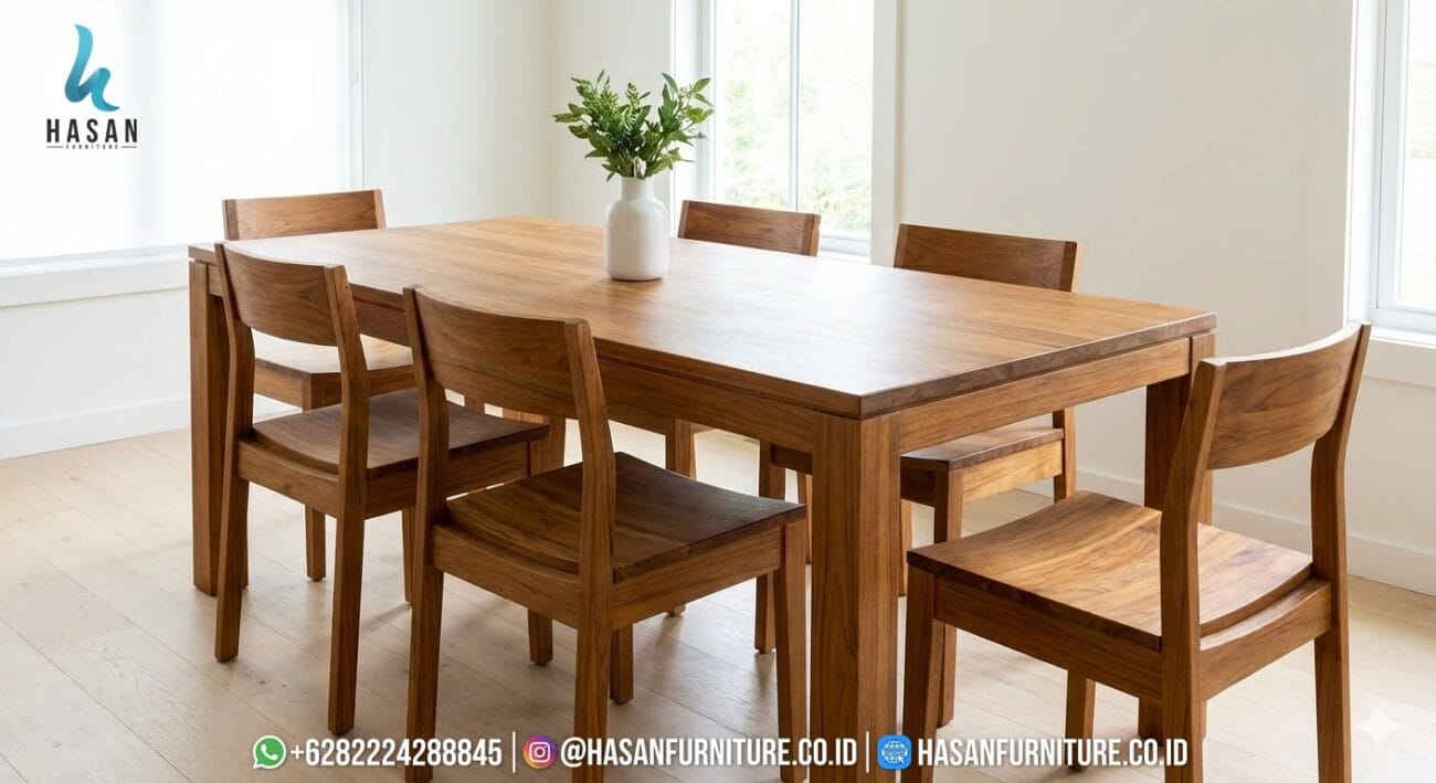 Satu set meja makan jati minimalis dengan kursi makan ergonomis di ruang makan yang cerah.