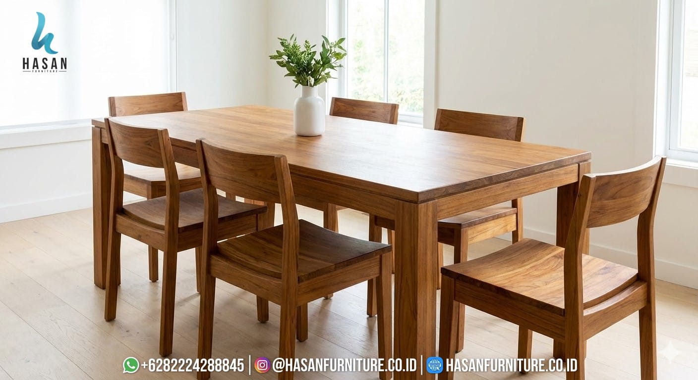 Satu set meja makan jati minimalis dengan kursi makan ergonomis di ruang makan yang cerah.