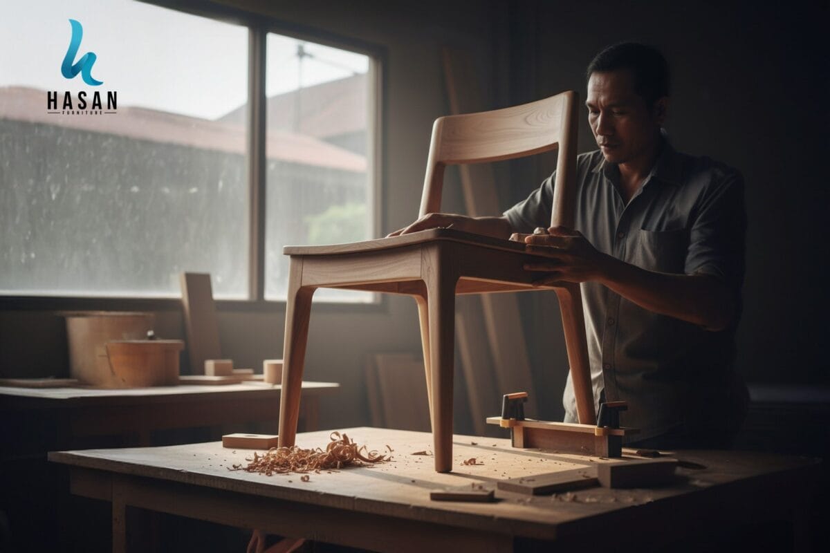 pengrajin ahli sedang mengukir detail furniture jati hasan furniture