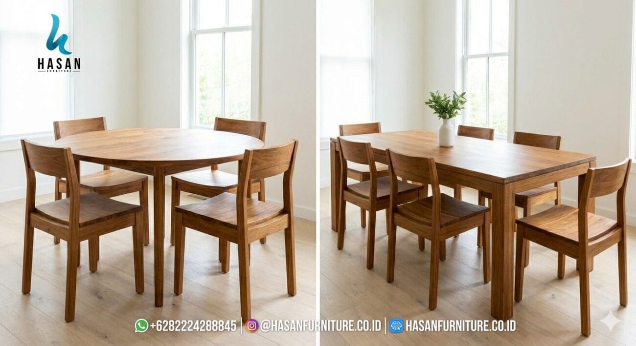 Perbandingan meja makan jati bentuk bundar untuk ruang kecil dan meja makan persegi panjang untuk keluarga besar.