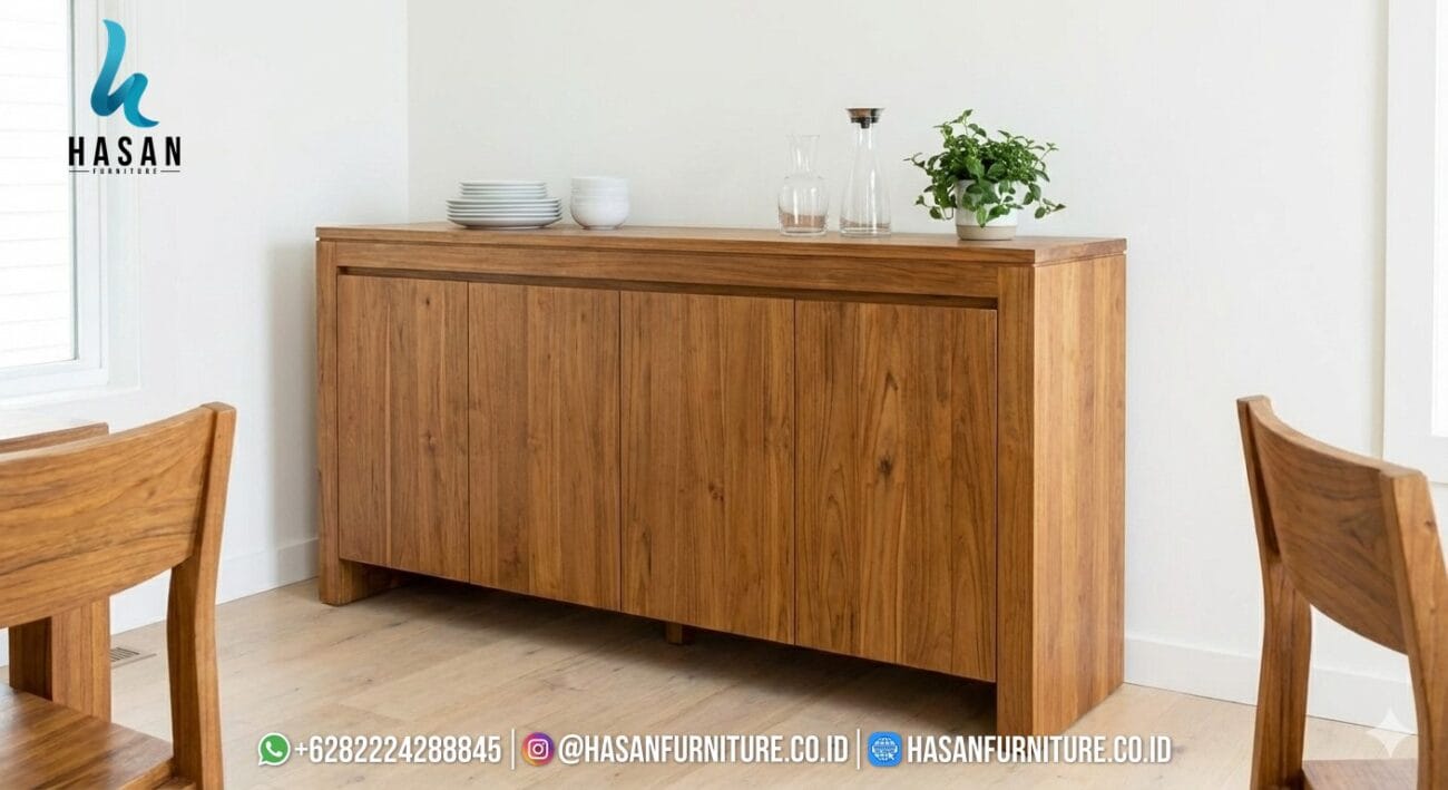 Sideboard jati minimalis sebagai tempat penyimpanan alat makan agar ruang tamu tetap rapi