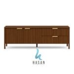 Sideboard Walnut Fluted Minimalis tampak depan dengan latar belakang putih bersih
