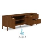 Detail bagian dalam Sideboard Walnut Fluted Minimalis dengan pintu dan laci yang terbuka