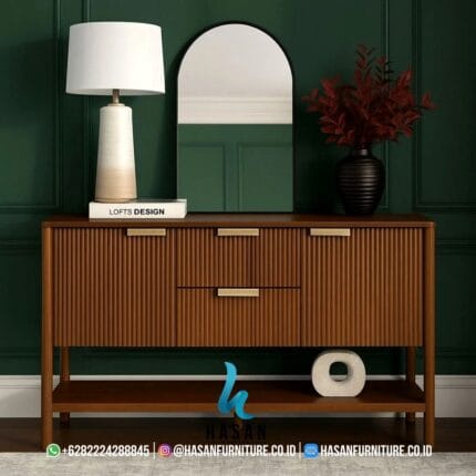 Penempatan Sideboard Walnut Fluted di Ruang Tamu Mewah