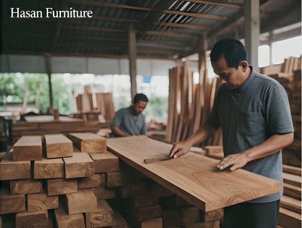 Suasana bengkel produksi Hasan Furniture, tempat di mana material pilihan diolah oleh tenaga ahli.