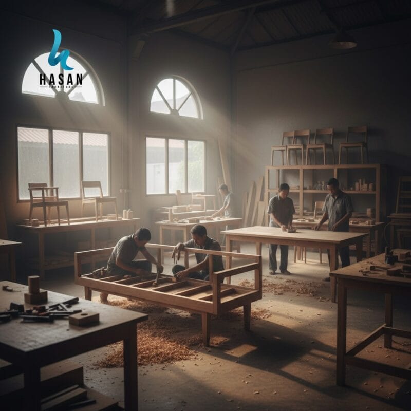 Suasana workshop produksi furniture kayu jati di jepara
