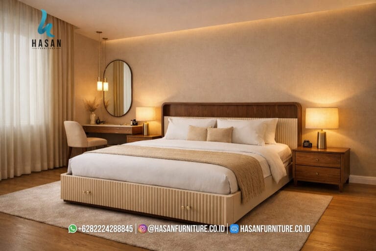 Set Kamar Tidur Jati Minimalis Mewah dengan bed frame motif fluted cream