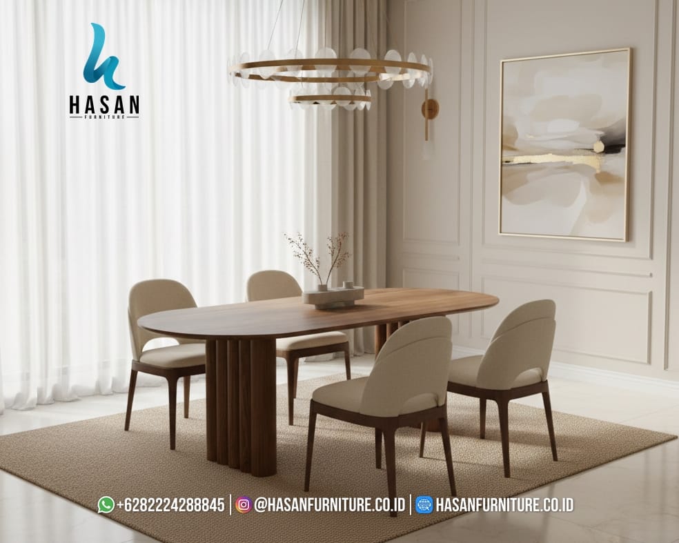 Desain interior mewah dengan meja makan jati fluted pilar
