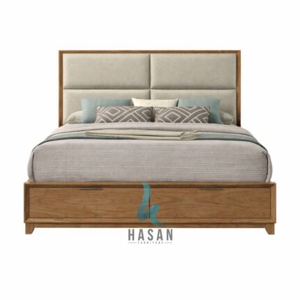 Tempat Tidur Jati dengan 2 Laci Depan dan Sandaran Busa