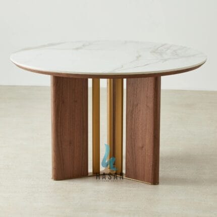 Meja makan bundar jati marmer mewah dengan aksen pilar emas.