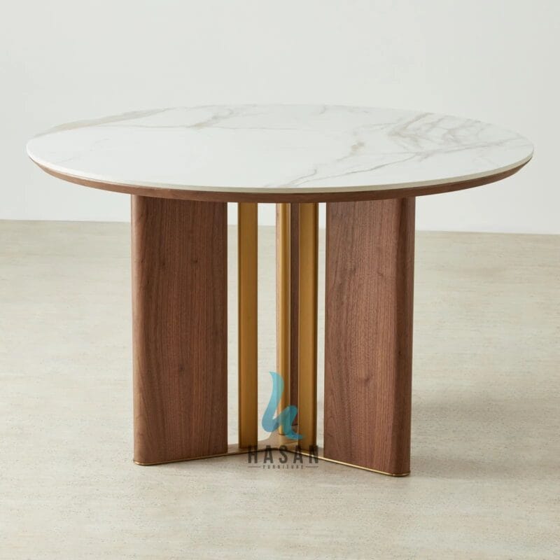Meja makan bundar jati marmer mewah dengan aksen pilar emas.