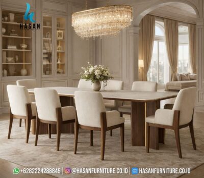 Set meja makan mewah 8 kursi kayu jati solid dan top marmer asli