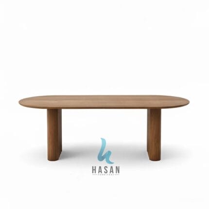 Meja makan oval jati dengan kaki pilar fluted modern