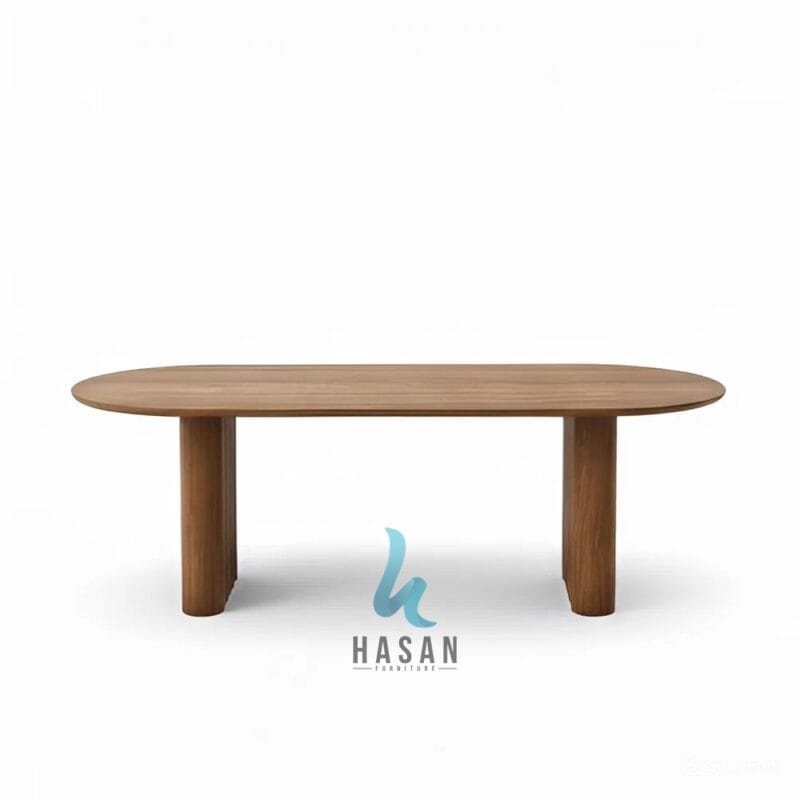 Meja makan oval jati dengan kaki pilar fluted modern