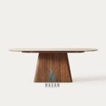 Jual meja makan oval jati marmer mewah kaki pilar oval kayu polos