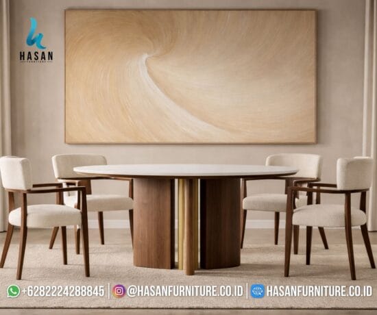 Set meja makan bundar 6 kursi kayu jati solid gaya modern