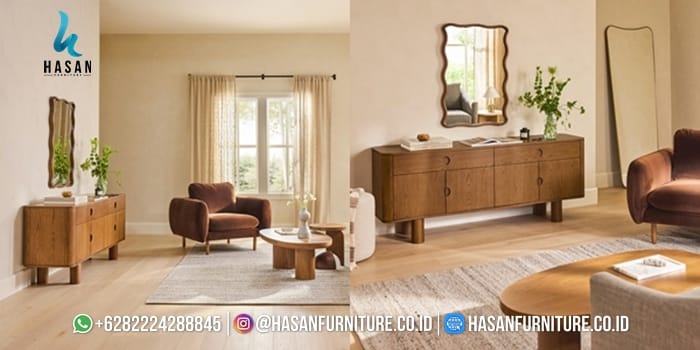 Penataan Sideboard Jati Retro dengan Kursi Lounge dan Meja Kopi