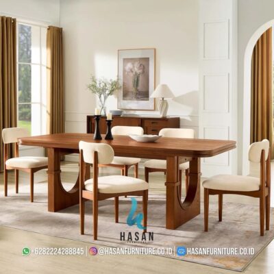 Inspirasi penataan meja makan full jati dengan 6 kursi di ruang makan mewah